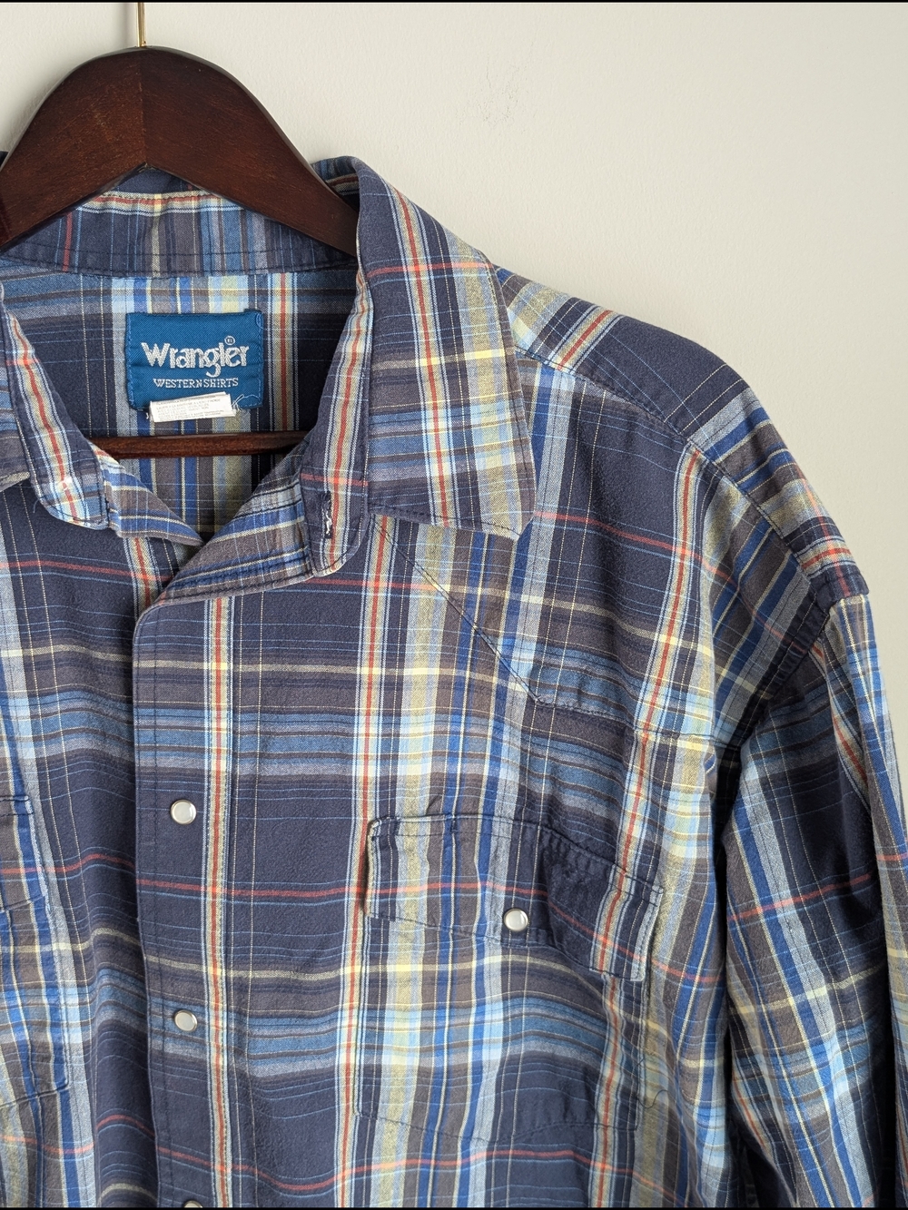 Wrangler Western Shirt Men XXL Blue Plaid Pearl Snap Long Sleeve Cotton Cowboy